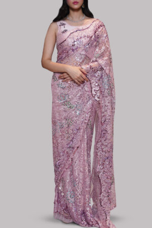 Lilac Sachet Embellished Chantilly Lace Sari