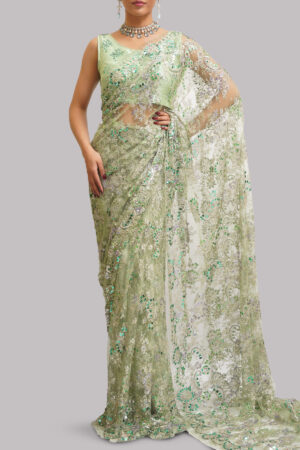 Fog Green Embellished Chantilly Lace Sari