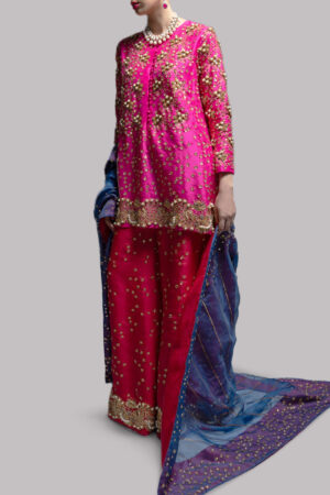 Beetroot Purple & Tango Red Embellished Raw Silk Set