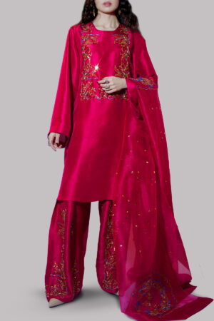 Tango Red Embellished Raw Silk Set