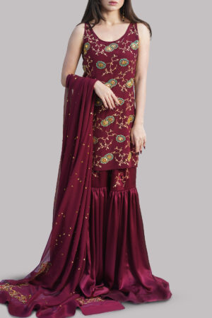 Cloque Maroon Embellished Gharara Set