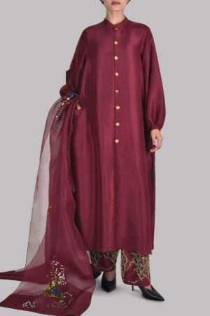 Cloqué Maroon Embellished Raw Silk Set