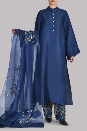 Pageant Blue Embellished Raw Silk Set